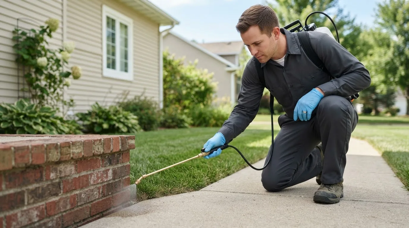 Pest control technician treating a home near Leroy, TX